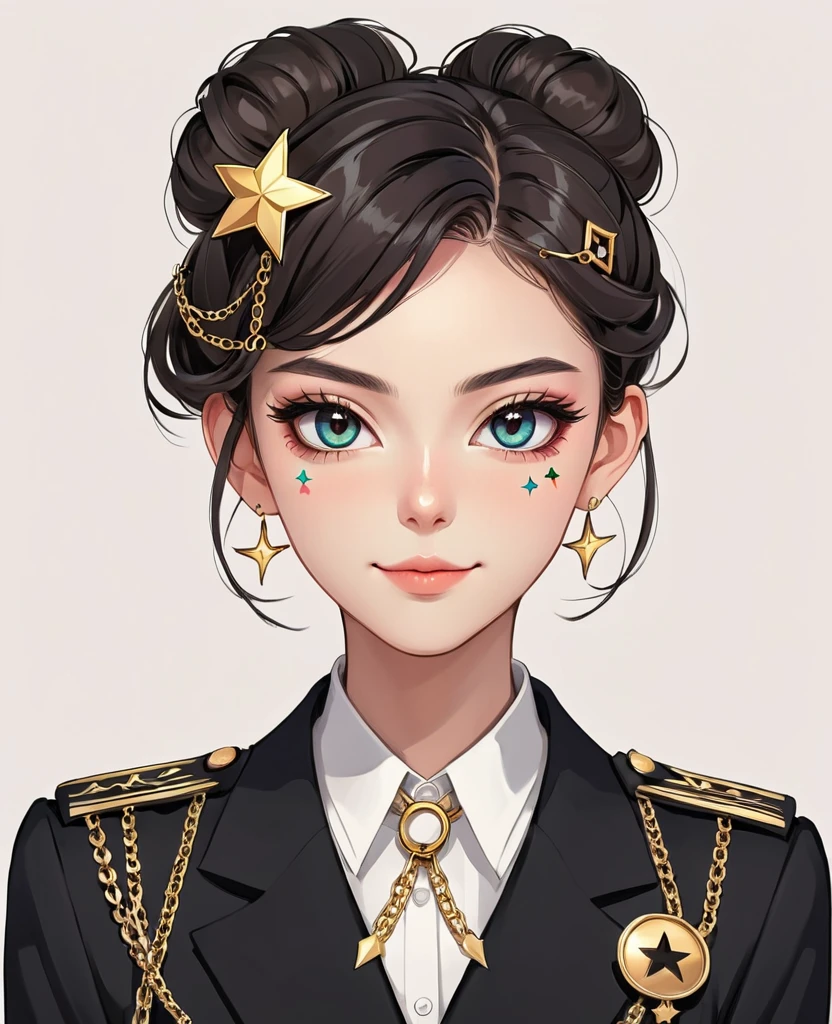 (Digital Illustration,Detailed anime style girl portrait,Solitary,symmetry),(Big colorful eyes,Fashionable and exquisite facial features,Exquisite makeup,Sweet smile,Star symbol mark on cheek,Soulful gaze,),(Fluffy bun,Hairpin),(Black suit,Epaulettes-Chain,cool,),Clean and simple white background,(((Correct human ???????)))