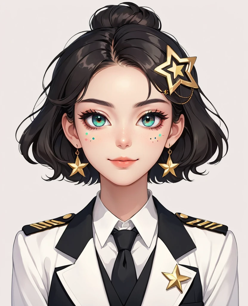 (Digital Illustration,Detailed anime style girl portrait,Solitary,symmetry),(Big colorful eyes,Fashionable and exquisite facial features,Exquisite makeup,Sweet smile,Star symbol mark on cheek,Soulful gaze,),(Fluffy bun,Hairpin),(Black suit,Epaulettes-Chain,cool,),Clean and simple white background,(((Correct human anatomy)))