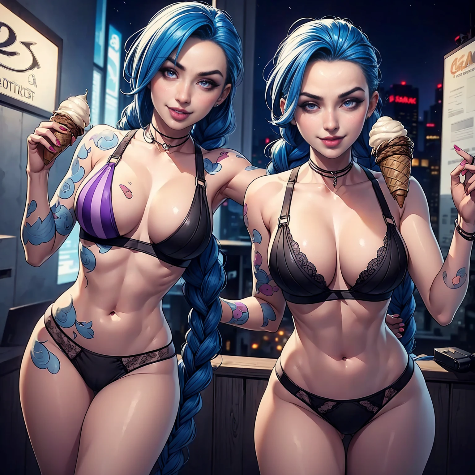 Jinx, ((blue hair, twinbraid, glowing violet eyes, makeup, narrow waist, skinny, medium breasts, tattoos)), pelvic curtain, ((black panties, black bra)), full body, perfect body, (insanely detailed, beautiful detailed face, masterpiece, best quality) , (((solo))), (((1girl))), (((mature))), (extremely detailed 8k paper CG wall unit: 1.1), (night, Graffiti Walls, city), (smile crazy face for the viewer), , ice cream, holding ice cream, mouth open, tongue out, licking