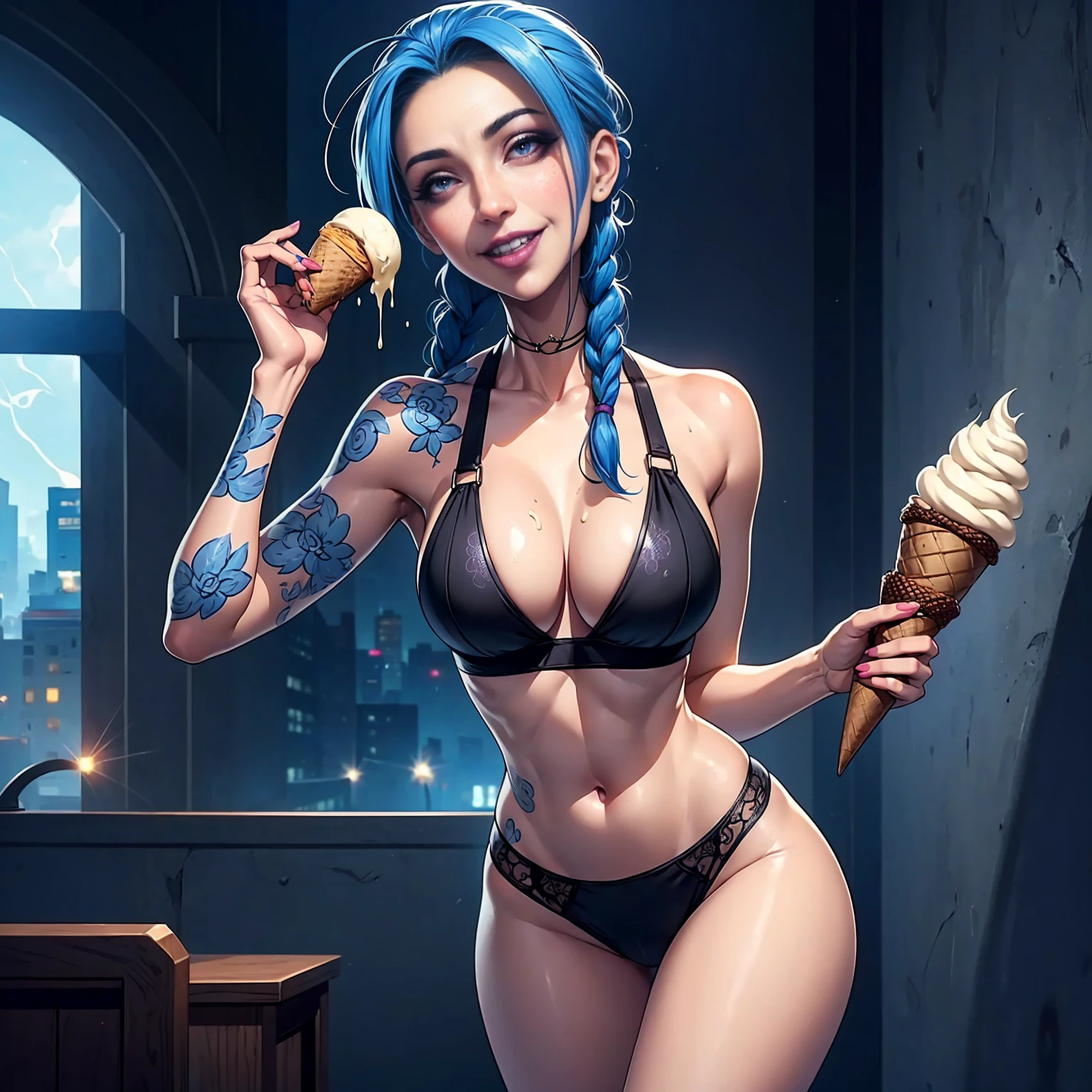 Jinx, ((blue hair, twinbraid, glowing violet eyes, makeup, narrow waist, skinny, medium breasts, tattoos)), pelvic curtain, ((black panties, black bra)), full body, perfect body, (insanely detailed, beautiful detailed face, masterpiece, best quality) , (((solo))), (((1girl))), (((mature))), (extremely detailed 8k paper CG wall unit: 1.1), (night, Graffiti Walls, city), (smile crazy face for the viewer), , ice cream, holding ice cream, mouth open, tongue out, licking