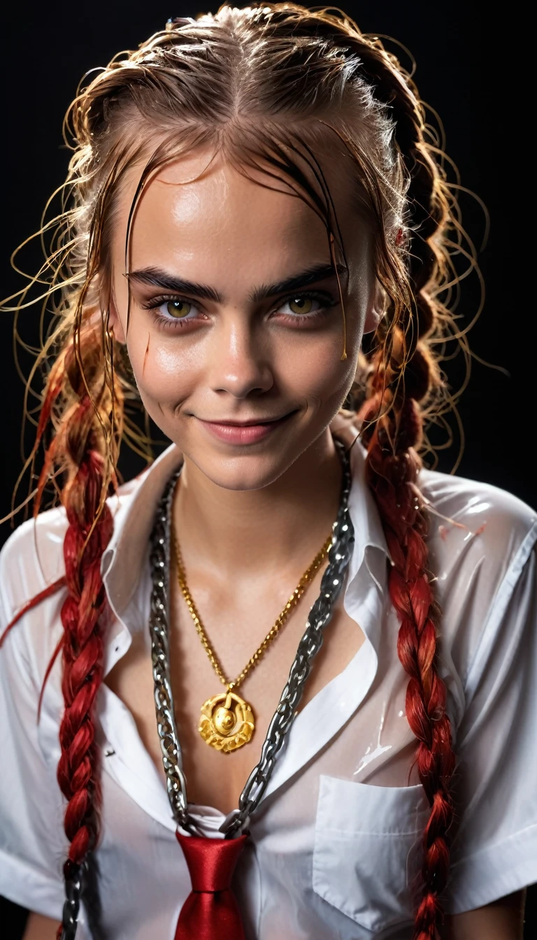makima with the face of Cara Delevingne. (chainsaw man), best quality, ultra detailed, 1girl, solo, standing, red wet hair, long wet braided hair, golden eyes, wet bangs, medium breasts, white wet shirt, tie, look, smile, (bad: 1.2), dark make up, looking at the viewer, (interview: 1.3), (dark background, chains: 1.3), from above, sharp contrast, beautiful detailed eyes, focus, close up shot