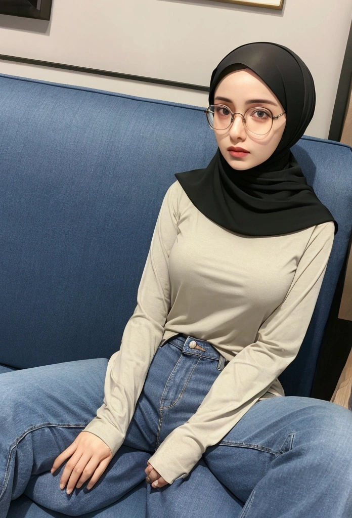 glasses arab girl in straight hijab Jean's pant sitting at sofa security camera view 