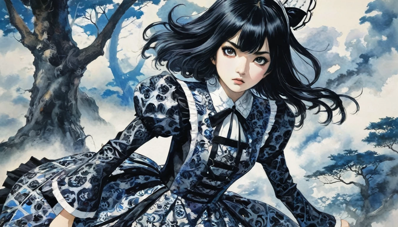 1girl, expressive black eyes, black hair, black patterned clothes dress ready for the battle, in wonderland, Yamada Akihiroi style, Ink Dyeing style