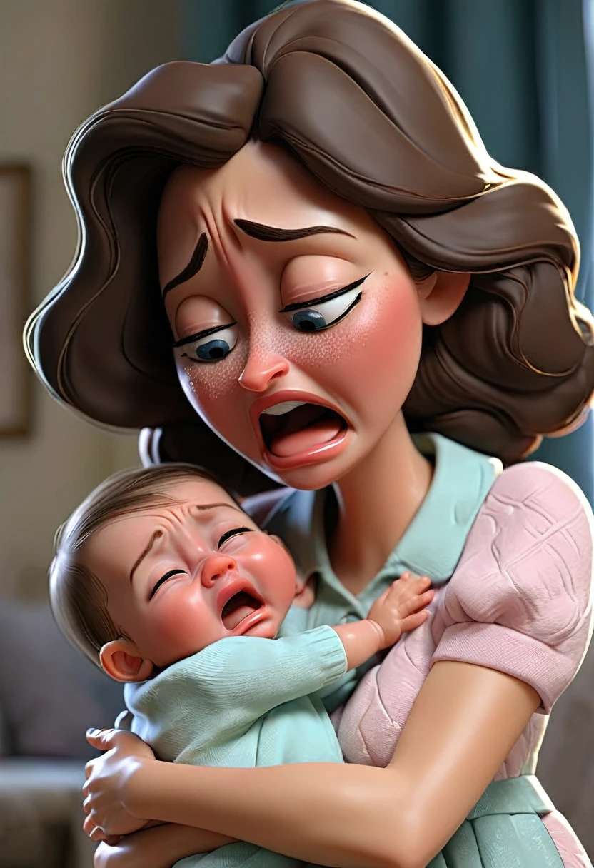 Mother crying with her baby in her arms because her husband is sick