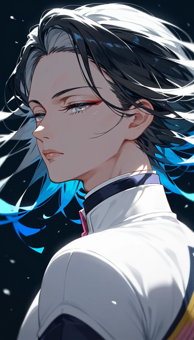 masterpiece, Score_9, Score_8_up, Score_7_up, rear view, 1 man, alone, black hair with silver, layered hair cut, gray eyes, half-closed eyes, lips parted, expressionless, pale skin, bodysuit top, black background, best quality kimetsu no yaiba