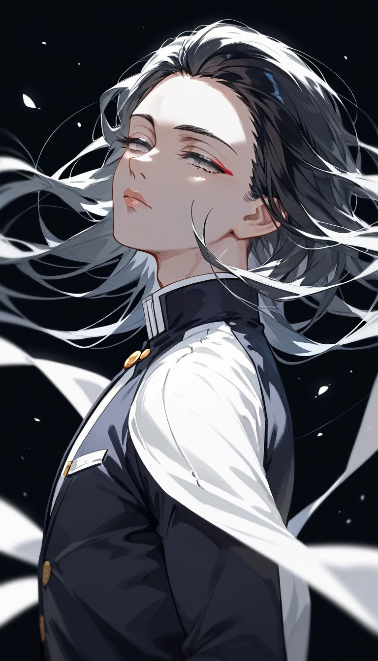 masterpiece, Score_9, Score_8_up, Score_7_up, rear view, 1 man, alone, black hair with silver, layered hair cut, gray eyes, half-closed eyes, lips parted, expressionless, pale skin, bodysuit top, black background, best quality kimetsu no yaiba