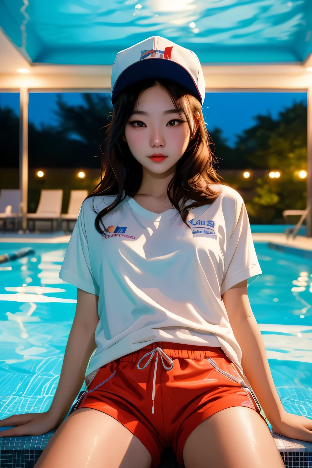 Korean nifty girl, (28 years old), in the hotel pool, night, shorts, cap, arrogant expression, (above view), (masterpiece, best quality, extremely detailed, hyper realistic)