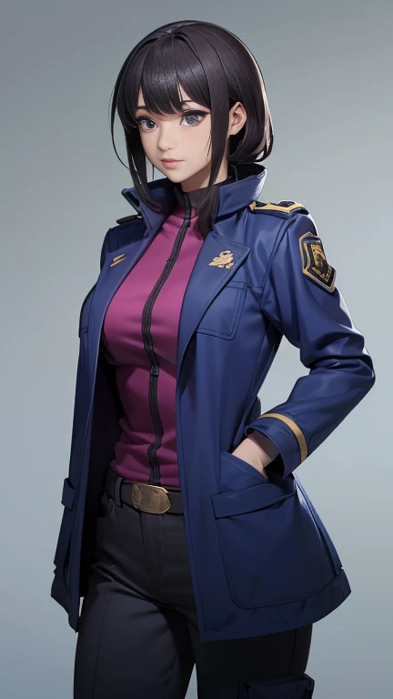 11:23(((Best quality: 1.4))),(Unbeatable masterpiece), (hyper HD),(Hyper-realistic 8k CG)、(dark colored hair) ((( body))), (((1 girl in))), 25-year-old American soldier with perfect body,,Beautiful and well groomed face,muscular body:1.2,Solid royal blue jacket with details, (Pictures from head to thighs), Complex equipment, Dark purple coat,long trousers,The clothes inside are dark,Clothes with metal electronic parts,Tech Armor )