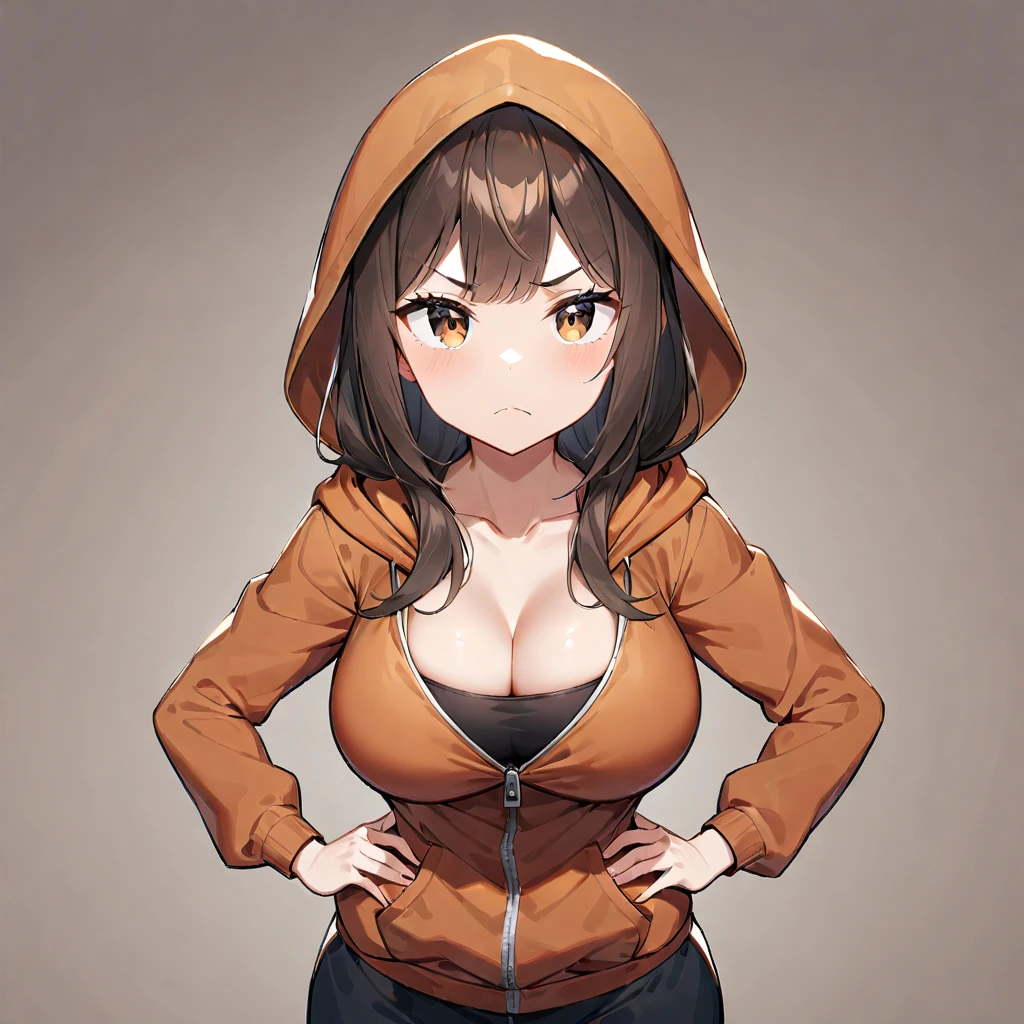 1girl, breasts, solo, long hair, cleavage, brown hair, large breasts, hands on hips, hood, brown eyes, hoodie, looking at viewer, frown, ((medium quality)), ((medium quality))