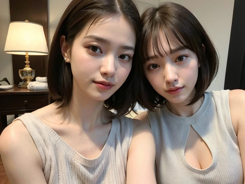 (Sleeveless:1.3) beautiful, thin, Fair Arms Pureeros (super highest quality:1.3) (Very realistic, Realistic:1.3), (Sharp focus:1.3) Pure (Sharp focus:1.3) Wide background々Luxurious living room Bookshelf 3D Beautiful gradients A happy and kind smile Very high quality and stylish See-through bangs Elegant and intelligent Clean and stylish Excellent Education Women's Fashion Magazine model (Realistic and very high quality:1.3). (High resolution/High resolution:1.3) Tabletop, Very delicate and beautiful, Soft Light, (Brown Hair, Shoulder-length straight bob hair) Beautiful detailed girls, Highly detailed eyes and face, beautifully detailed nose, thin and beautiful eyes, 1 girl, Japanese, Pureな beauty, cute, young, Very stylish A spring sweater in spring-like colors Very stylish Supported by women Trending Fashion , (Medium Chest), Realistic Face, Realistic body,