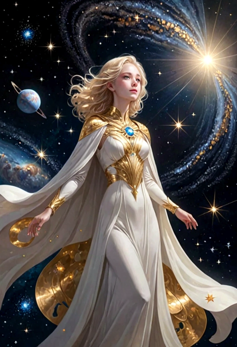 (masterpiece、Highest quality、High resolution、8k)、Alone in space、Beautiful Goddess、Standing posture、(whole body)、White cape dress、Blonde Hair、Beautiful Blue Eyes、Graceful operation、(Floating in space like a star)、(金色の光がwhole bodyを包んでいる)、The universe is full of light、The Universe is Infinite、The background is a myriad of stars and nebulae