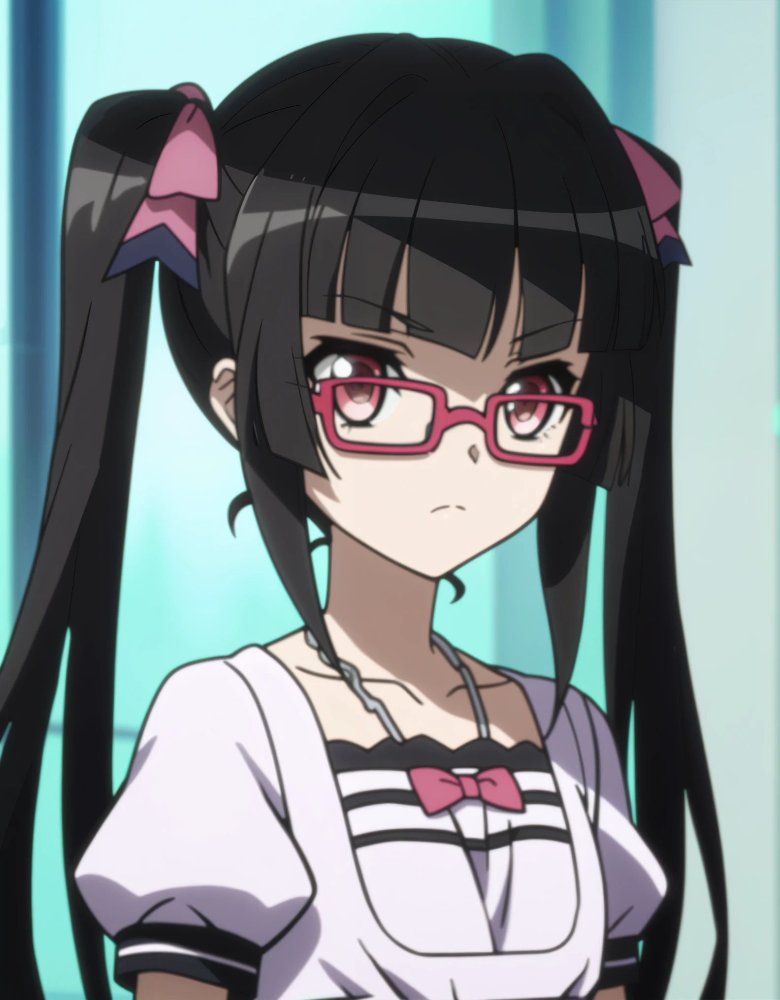score_9, score_8_up, score_7_up, score_6_up,, score_5_up, BREAK, source_anime, ,anime screencap, anime coloring, striped dress, glasses, necklace, shirabe, pigtails,upper body