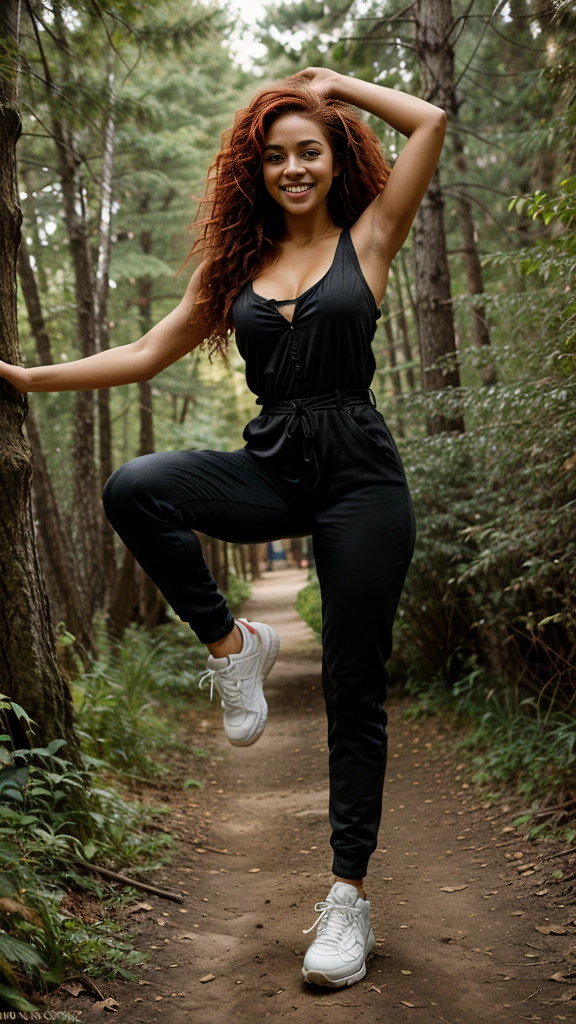 Realistic photo, full body, head to toe, full body, body and hair in motion, smiling, she's moving. She jumps in the air. Her 2 feet lift off the ground.
In the forest, on a path, there are tall trees all around.
She's wearing a sexy black street wear fashion jumpsuit, and a red high-top sneaker.
realistic 1 woman, photorealistic portrait of a young African-American woman of mixed race, dark skin with freckles near the nose, realistic skin texture, fine round facial features, black eyes with long black lashes, defined eyebrows, well-defined lips with evening make-up, athletic physique, medium-length curly red hair, tight curly hair, red hair