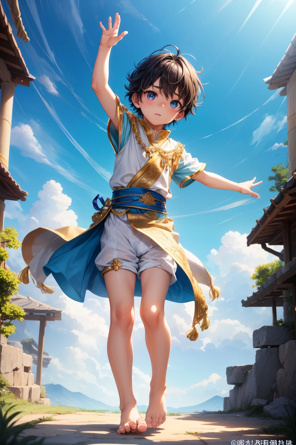 4k resolution, (Masterpiece:1), A small boy with vibrant, iridescent, cyan eyes and bare feet, arms raised in a triumphant pose, evoking an epic, cinematic feel. (Young:1.4), (Child:1.4), (Shota:1.4), (Male:1.4), (Boy:1.4), adorned in royal clothes fit for a king, evoking a sense of Royalty (1.4). The image focuses on his small, blushing feet, adding a touch of innocence and vulnerability to his epic posing. (Posing:1.4), (Cinematic:1