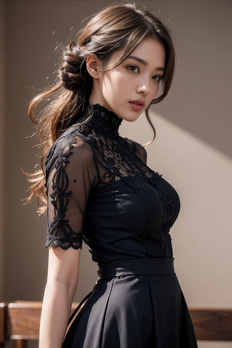 (masterpiece:1.2, highest quality), realistic, (real picture, intricate details, Depth of the bounds written), parted lips, High Neck Lace Skirt,very detailed, perfect face, perfect body, large model,open-chested dress, mature woman, expensive, long legs, natural bokeh background,random hairstyles