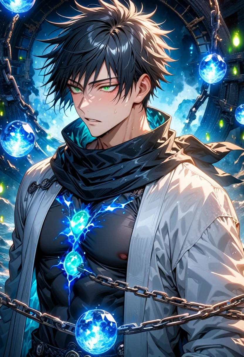 absurdres, highres, ultra detailed, HDR, master piece, best quality, Fushiguro Touji, straight black hair, expressive green eyes, jujutsu kaisen, solo, sexy man, handsome, toned chest, white haori, black tight T-shirt, black scarf, clock mechanical blue moon, fantasy, chains, blue fireflies, blue lightning, void, magic