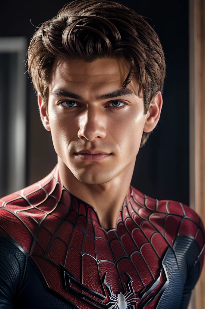 A photograph of spider man, no mask, 20 yo, handsome, detailed face, looking at camera, portrait, 8k uhd, high quality