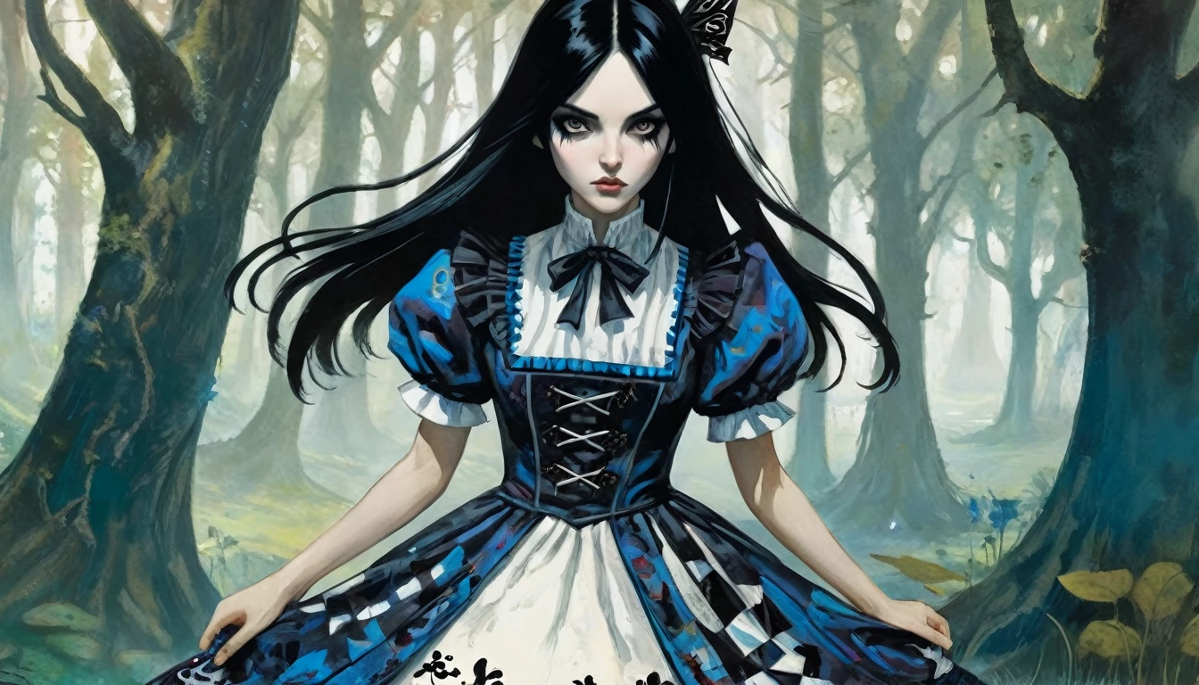 1girl, expressive black eyes, black hair, black patterned clothes dress ready for the battle, in wonderland, Ink Dyeing style, American McGee's Alice style