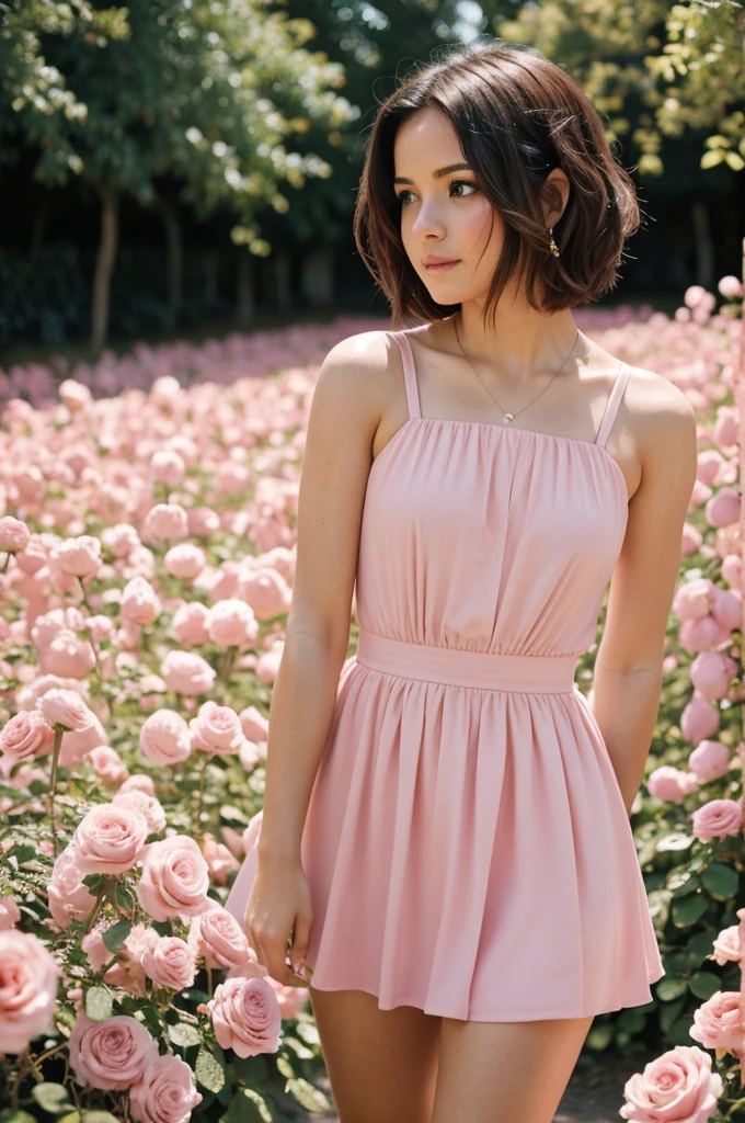 8k, foto en bruto, fujifilm, Style photography of a beautiful young girl like Avril in a light pink rose garden. (piel muy detallada: 1.2) Style-Petal BREAK short hair, cabello rubio con mechones de colores, usando un vestido, film grain, 35mm, lindo estilo