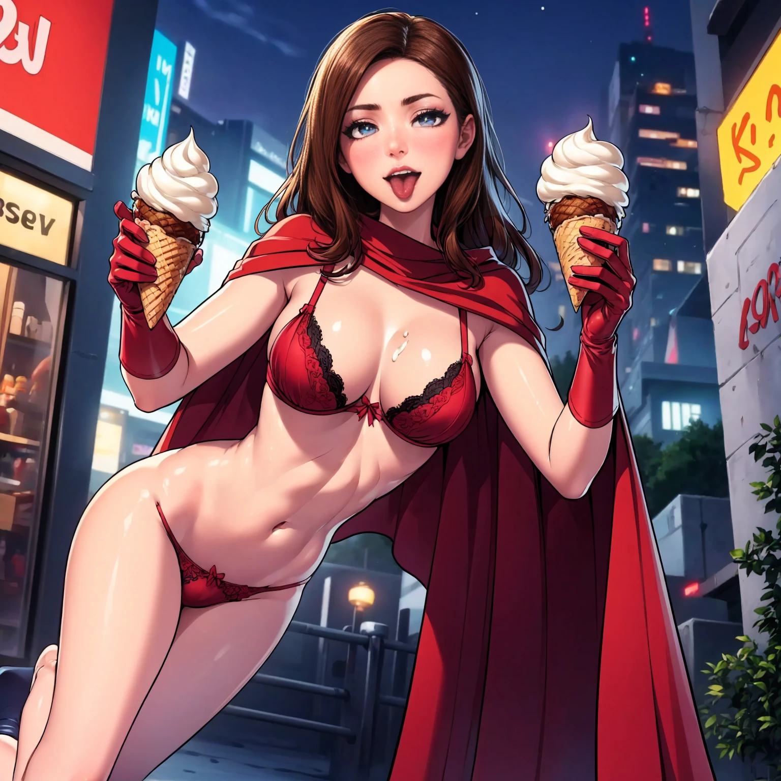 Maximoff, l1z0l ((long brown hair, glowing blue eyes, makeup, narrow waist, skinny, medium breasts, cape, gloves, helmet)), pelvic curtain, ((red panties, red bra)), full body, perfect body, (insanely detailed, beautiful detailed face, masterpiece, best quality) , (((solo))), (((1girl))), (((mature))), (extremely detailed 8k paper CG wall unit: 1.1), (night, city), (smile crazy face for the viewer), , ice cream, holding ice cream, mouth open, tongue out, licking
