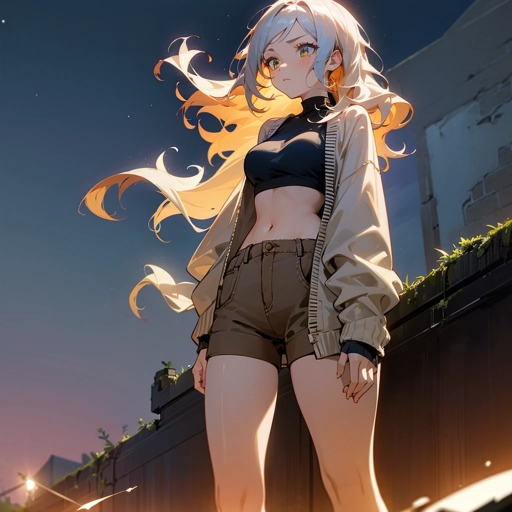 1female, adult, finely detailed cinnamon eyes, wavy medium hair, pale azure hair, crop top, cardigan, casual clothing, standing on ruined building, night time, serious expression