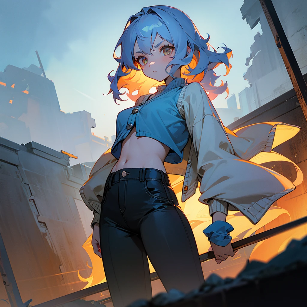 1female, adult, finely detailed cinnamon eyes, wavy medium hair, pale azure hair, crop top, cardigan, casual clothing, standing on ruined building, night time, serious expression