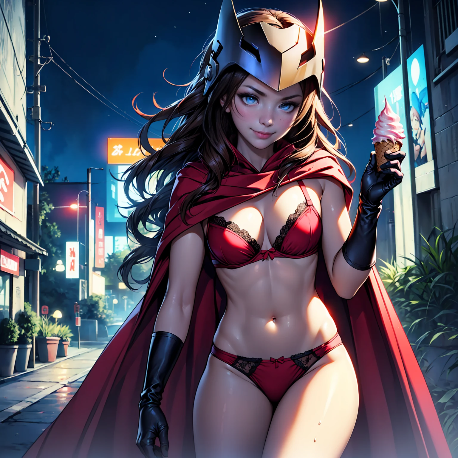Maximoff, l1z0l ((long brown hair, glowing blue eyes, makeup, narrow waist, skinny, medium breasts, cape, gloves, helmet)), pelvic curtain, ((red panties, red bra)), full body, perfect body, (insanely detailed, beautiful detailed face, masterpiece, best quality) , (((solo))), (((1girl))), (((mature))), (extremely detailed 8k paper CG wall unit: 1.1), (night, city), (smile face for the viewer), , ice cream, holding ice cream, mouth open, tongue out, licking