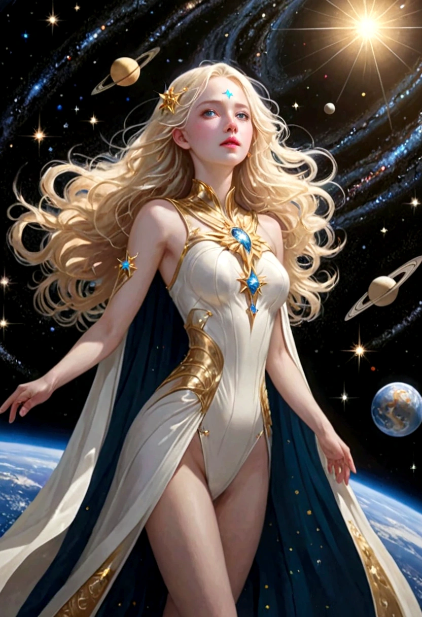 (masterpiece、Highest quality、High resolution、8k)、Alone in space、Beautiful Goddess、Standing posture、(whole body)、White cape dress、No sleeve、Blonde Hair、Beautiful Blue Eyes、Graceful operation、(Floating in space like a star)、(金色の光がwhole bodyを包んでいる)、The universe is full of light、The Universe is Infinite、The background is a myriad of stars and nebulae