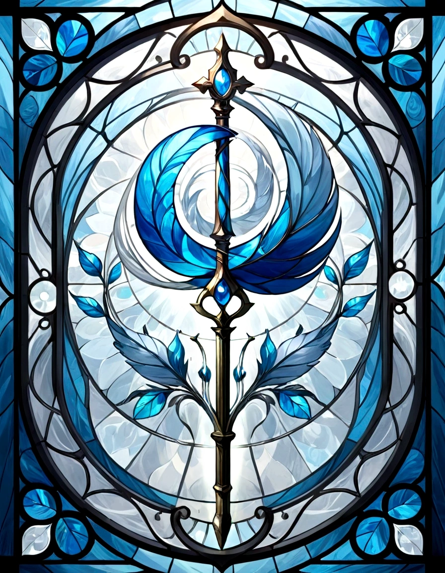 Create a series of images for the element air inspired by the aesthetics of a detailed stained glass window with defined lines and vivid colors as fantasy. Use an appropriate color palette. The element of air inspired by winds and clouds, feathers with white, gray, light blue and silver tones Incorporate or a crosier.