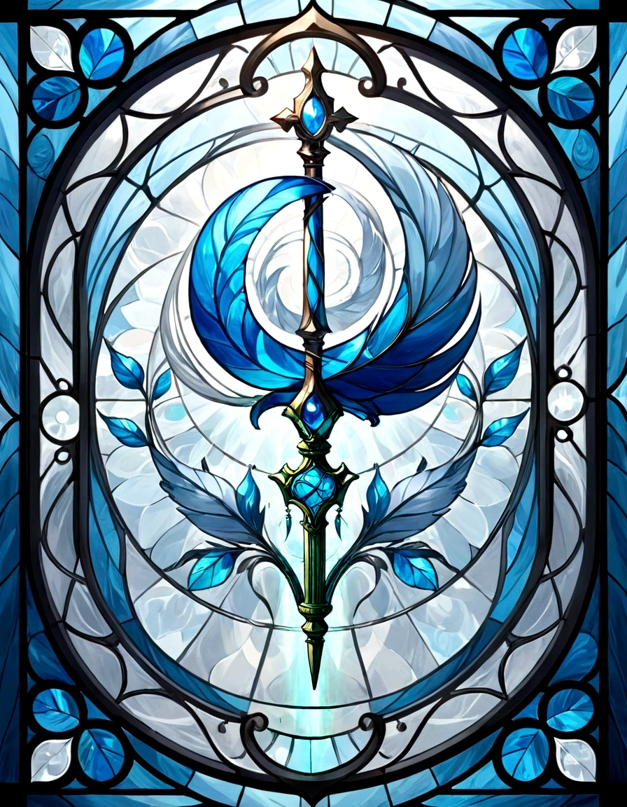 Create a series of images for the element air inspired by the aesthetics of a detailed stained glass window with defined lines and vivid colors as fantasy. Use an appropriate color palette. The element of air inspired by winds and clouds, feathers with white, gray, light blue and silver tones Incorporate or a crosier.