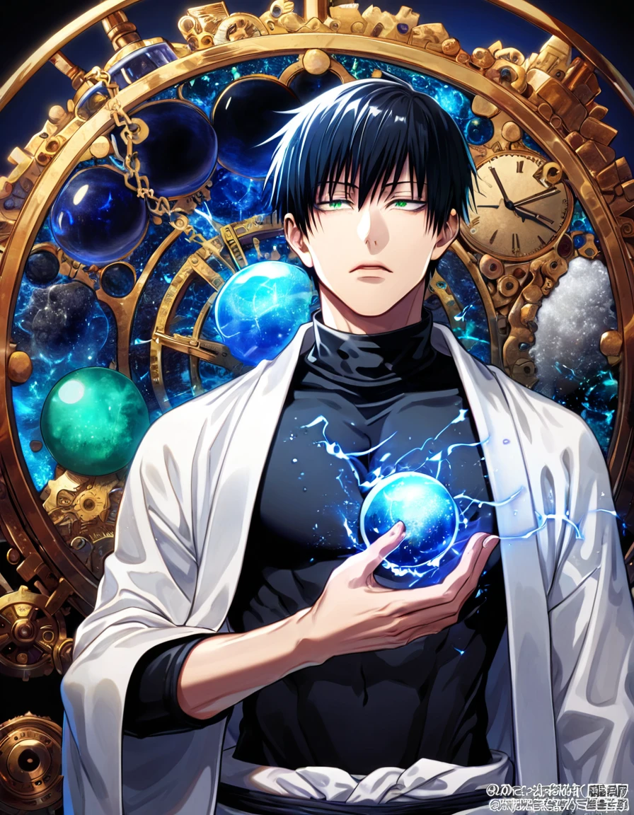 absurdres, highres, ultra detailed, HDR, master piece, best quality, Fushiguro Touji, straight black hair, expressive green eyes, jujutsu kaisen, solo, sexy man, handsome, toned chest, white haori, black tight T-shirt, black scarf, clock mechanical blue moon, fantasy, chains, blue fireflies, blue lightning, void, magic