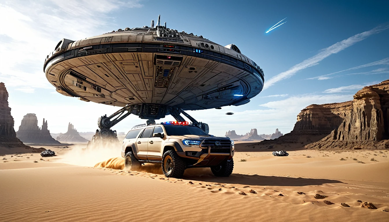 “In a desert landscape beneath a vast sky, towering rock formations rise. The iconic Star Wars Millennium Falcon flies overhead. In the foreground, a large, futuristic bus-like vehicle is parked on the sandy terrain. Saturn-like rings adorn the sky, adding a surreal touch. Include the ‘Star Wars,Camera angle: The camera is positioned at a slightly upward angle, capturing the grandeur of the rock formations and the vastness of the sky. Lighting: The sun is setting, creating warm, golden light that bathes the landscape. Shadows cast by the rocks are elongated. Millennium Falcon details: The Millennium Falcon is flying toward the horizon, with its rear thrusters emitting a characteristic blue glow. Details like laser cannons and the ship’s panels should be visible. Futuristic vehicle: The vehicle parked in the foreground has large windows and an aerodynamic design. It may have retractable wheels or float slightly above the ground. Saturn-like rings: The translucent rings resembling those of Saturn extend across the sky, creating a magical effect. Sand texture: The desert sand has a granulated texture, with small dunes formed by the wind.hyper realistic composition,32k resolution,cinematic composition,cinematic color grading.photography whit Phaseone 35mm,death of field lens.