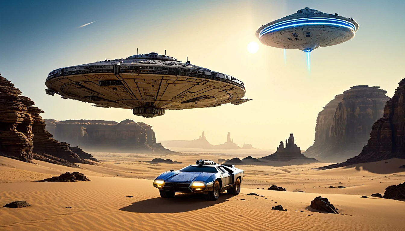 “In a desert landscape beneath a vast sky, towering rock formations rise. The iconic Star Wars Millennium Falcon flies overhead. In the foreground, a large, futuristic bus-like vehicle is parked on the sandy terrain. Saturn-like rings adorn the sky, adding a surreal touch. Include the ‘Star Wars,Camera angle: The camera is positioned at a slightly upward angle, capturing the grandeur of the rock formations and the vastness of the sky. Lighting: The sun is setting, creating warm, golden light that bathes the landscape. Shadows cast by the rocks are elongated. Millennium Falcon details: The Millennium Falcon is flying toward the horizon, with its rear thrusters emitting a characteristic blue glow. Details like laser cannons and the ship’s panels should be visible. Futuristic vehicle: The vehicle parked in the foreground has large windows and an aerodynamic design. It may have retractable wheels or float slightly above the ground. Saturn-like rings: The translucent rings resembling those of Saturn extend across the sky, creating a magical effect. Sand texture: The desert sand has a granulated texture, with small dunes formed by the wind.hyper realistic composition,32k resolution,cinematic composition,cinematic color grading.photography whit Phaseone 35mm,death of field lens.