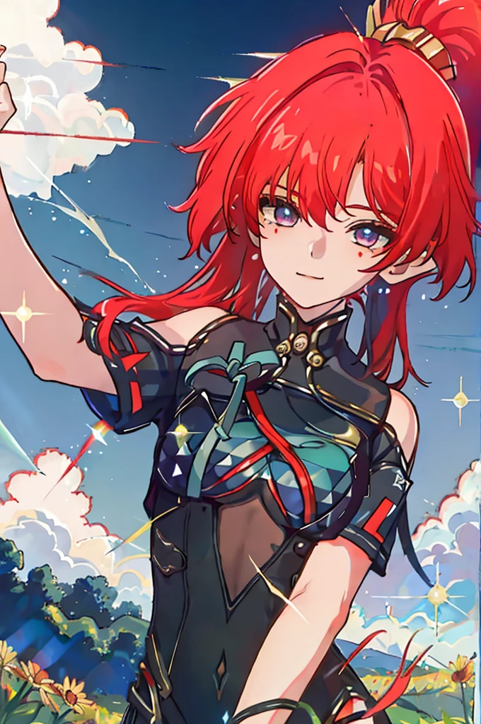 1 solo, yinlin, red hair, happy, running in a green flowers field, blue sky, white clouds, sunny day, rays of sun, sparkles and glitter