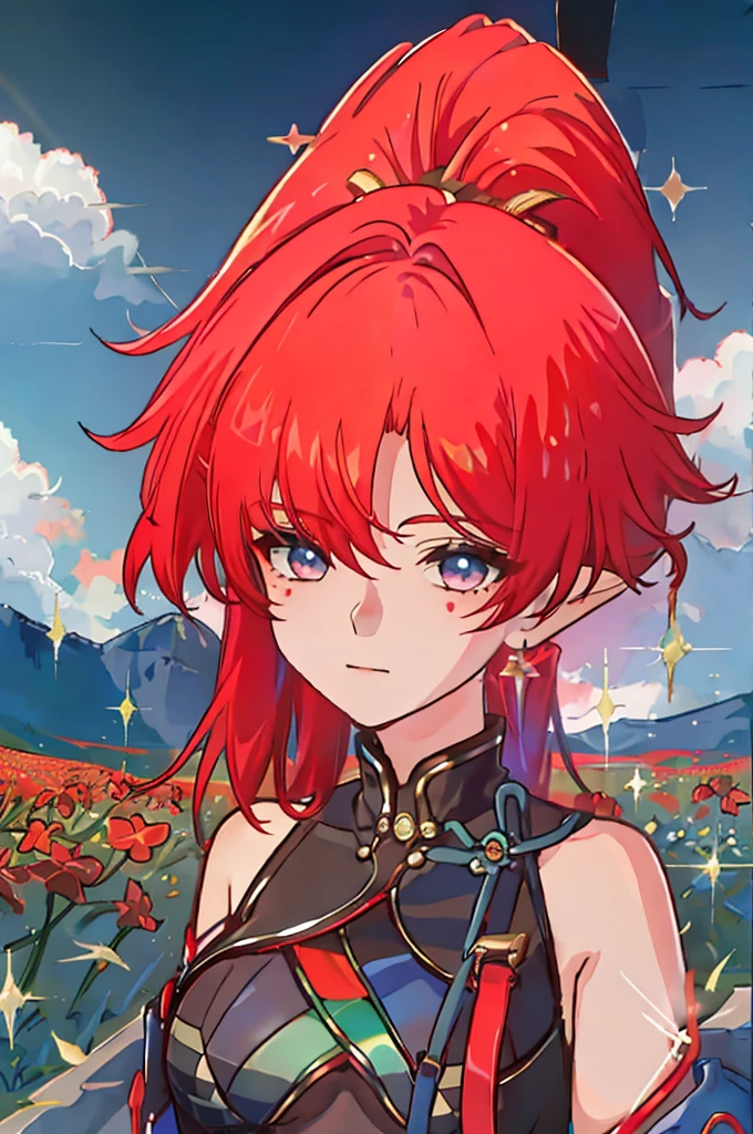 1 solo, yinlin, red hair, happy, running in a green flowers field, blue sky, white clouds, sunny day, rays of sun, sparkles and glitter