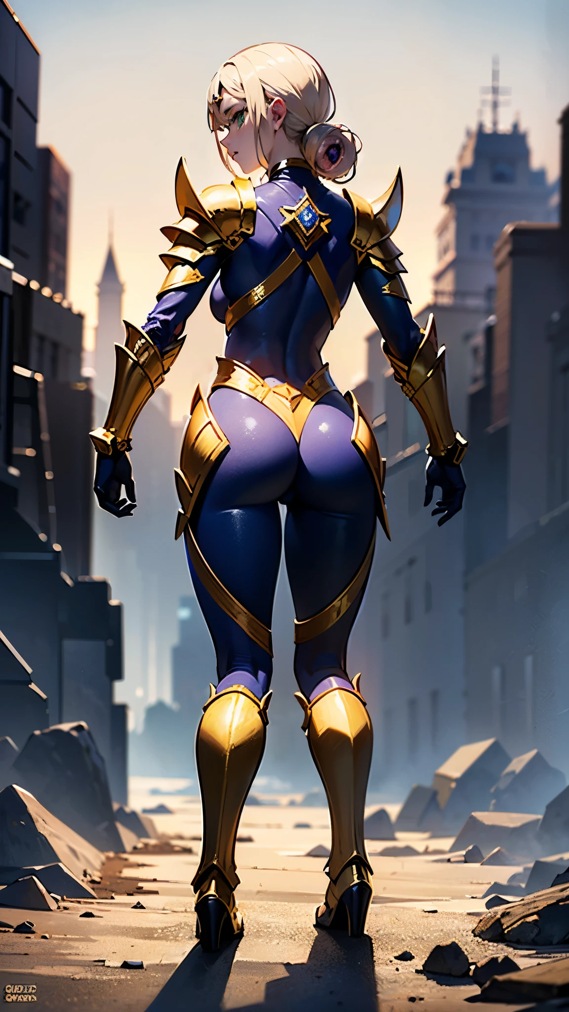 powerful warrior white girl,athletic perfect(((full body, backside)))body,beautiful purple short clothes,advanced technology ((((golden armor))) esoteric charming details,(esoteric) accessories.Curly blond hair,remarkable green eyes (((third eye)))(Magic) Landscape,amazing fantasy.4k,8k,highly detailed,photography prize,Sony Alpha III,UHQ,old masterpiece,perfect composition,unique style,hyper detailed,genius imagery,awarded piece of art