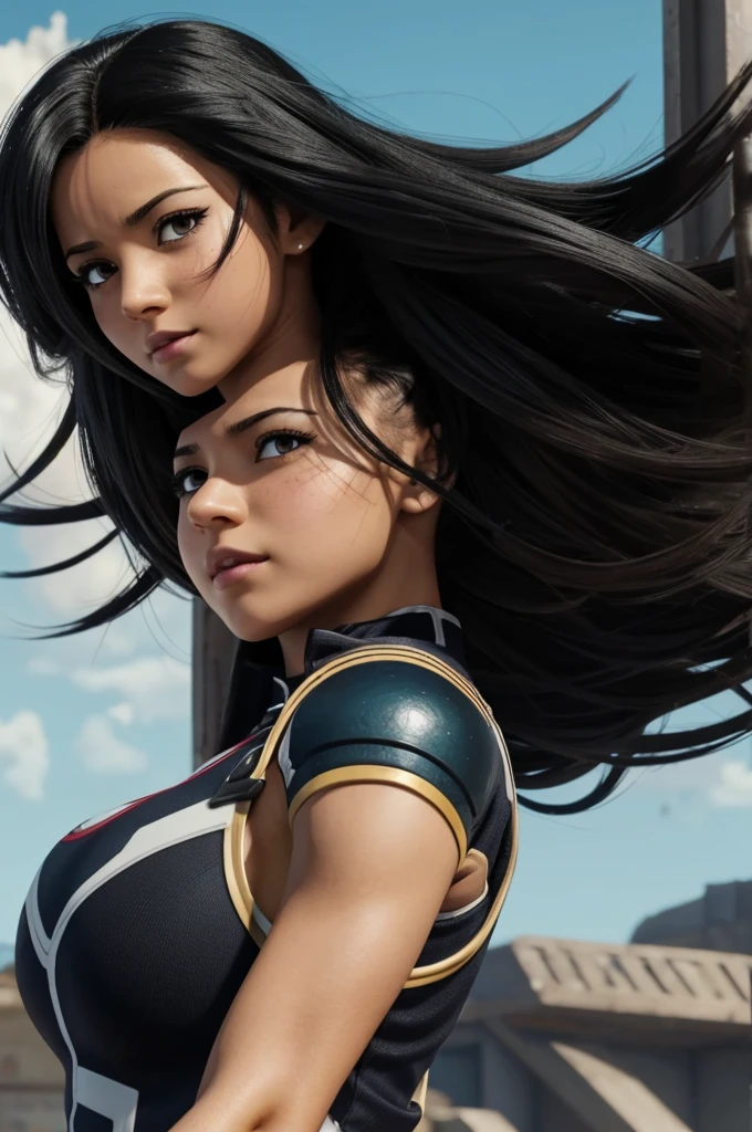 Captura de pantalla de Boku no hero academia mujer hermosa de ojos celestes cabello negro largo figura delgada y con pechos grandes y trasera grande