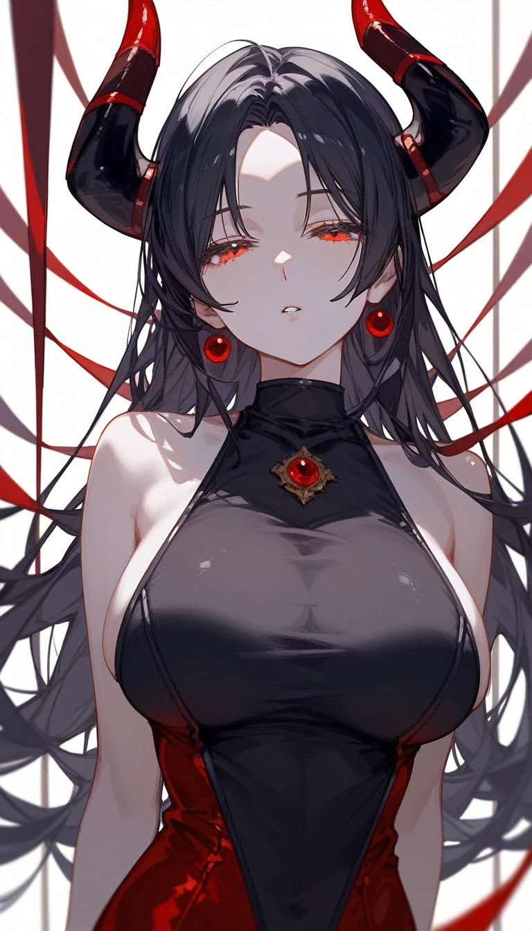 masterpiece, Score_9, Score_8_up, Score_7_up, front view, 1 woman, alone, black hair with red, long hair, parted bangs, dark red eyes, half-closed eyes, parted lips, expressionless, pale skin, large breasts, body suit, black bottom, best quality, horns up, long open bangs, black sleeveless shirt, black V-neck, red baggy pants, high heels, jibaku shounen Hanako kun 