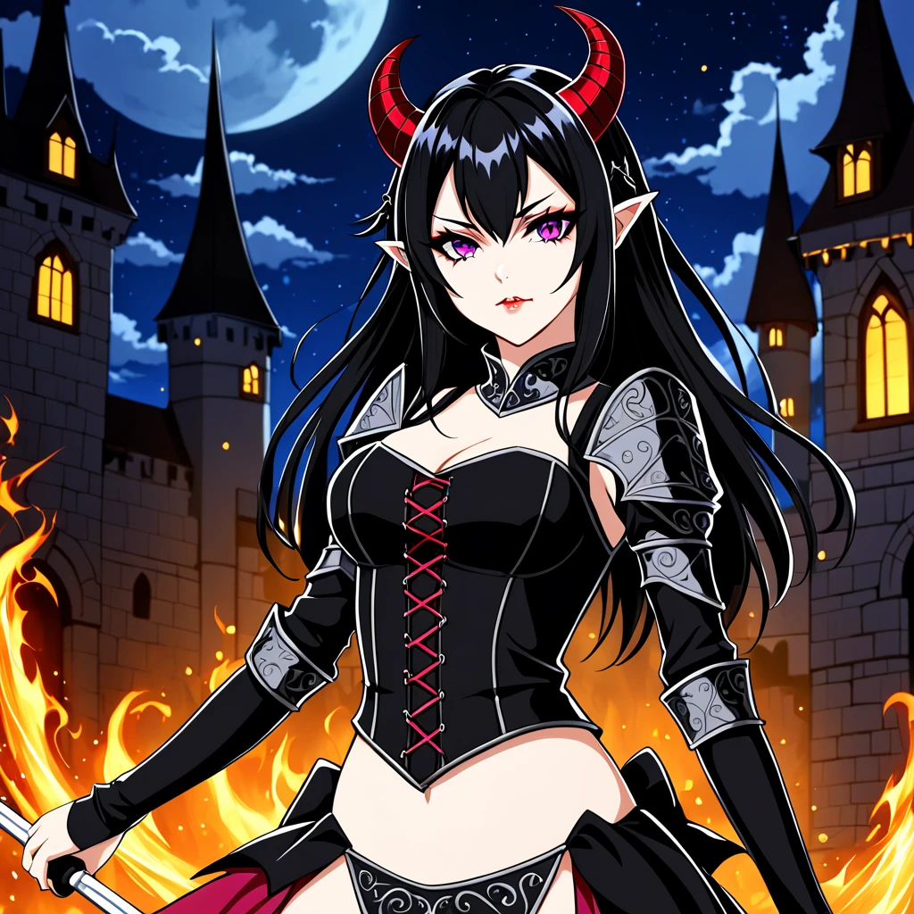 2D anime picture, (anime style 1), girl, , sadistic, demoness princess, small demoness horns, beautiful long black hairstyle, in luxury and sexy princess demon fencing outfit, fantasy, Middle Ages, night