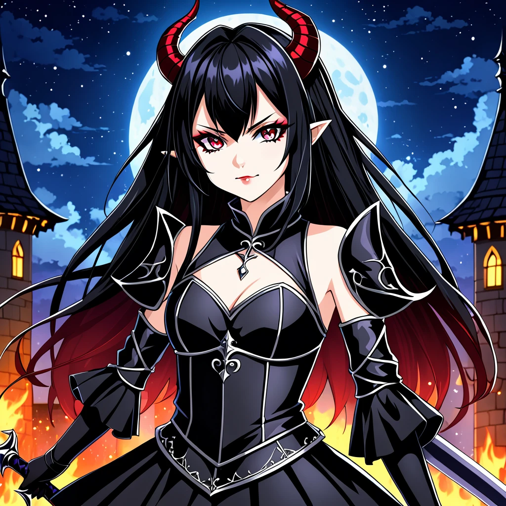 2D anime picture, (anime style 1), girl, 16 years old, sadistic, demoness princess, small demoness horns, beautiful long black hairstyle, in luxury and sexy princess demon fencing outfit, fantasy, Middle Ages, night