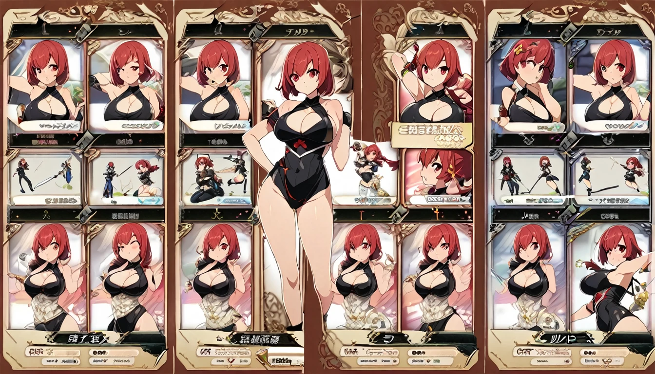 1girl, sexy, red eyes,5 rpg classes, big breast,lot of accessories, character sheets, various pose and expression ,sexy clothing