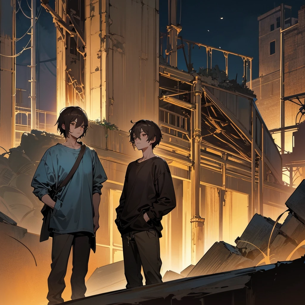 1male, adult, finely detailed brown eyes, wild short hair, arsenic hair color, casual clothing, standing on ruined building, night time, somber expression, muscular, tired, black bags under eyes