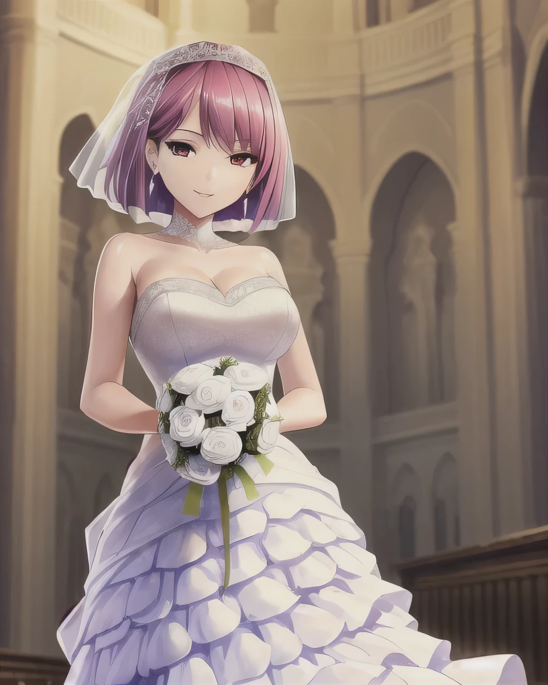 ((masterpiece)),(((Highest quality))), ((Super detailed)), ((figure)), masterpiece, Highest quality, High resolution, {Beautiful attention to detail}, In detail, 4K wallpaper, Beautiful attention to detail, 
(alone, bride:1.2), (Purple Short Hair, Red eyes:1.0), (Attending a church wedding:1.1), (Wearing a gorgeous white ruffled wedding dress:1.2), smile,
