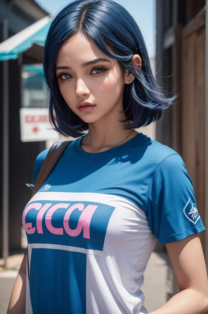 Personagem feminina estilo game Free Fire, com cabelo loiro escuro, coroa prata, um olho azul e um olho rosa, camiseta preta e azul claro de gola alta, (qualidade 4k)