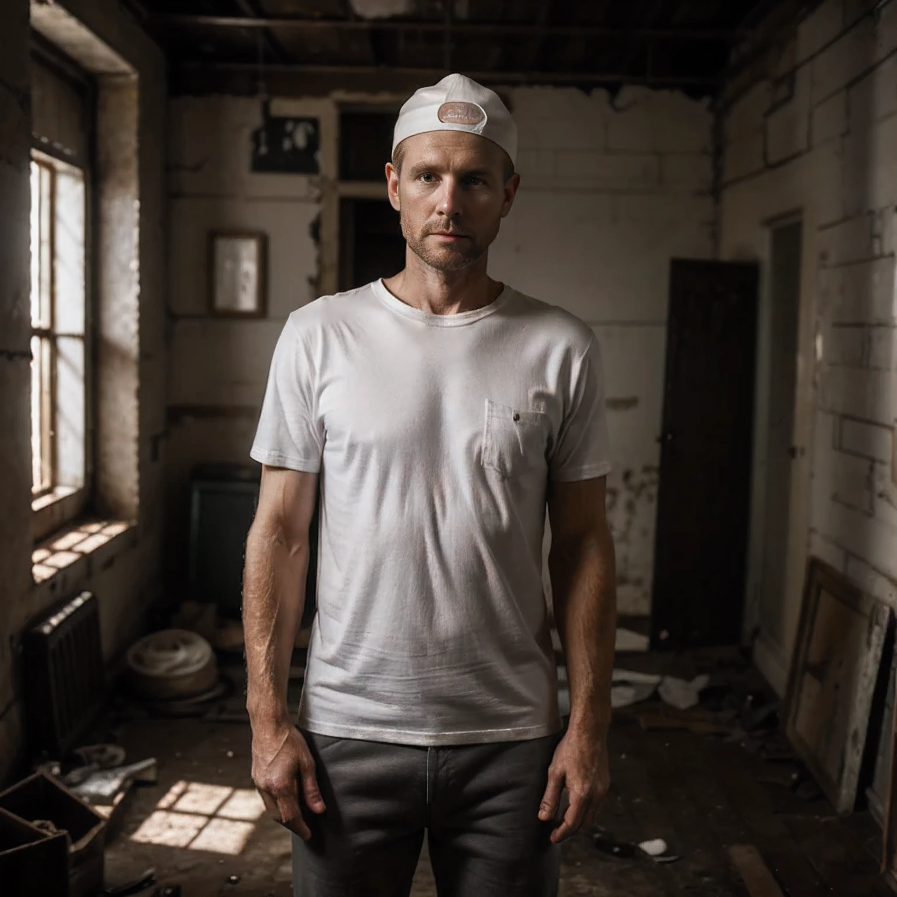 In an old dark room with poor repair stands a white man with his hands in his pockets, 30 years old, wearing a white torn T-shirt and gray pants, cap on his head, standing straight and looking at the camera, thin, 8k