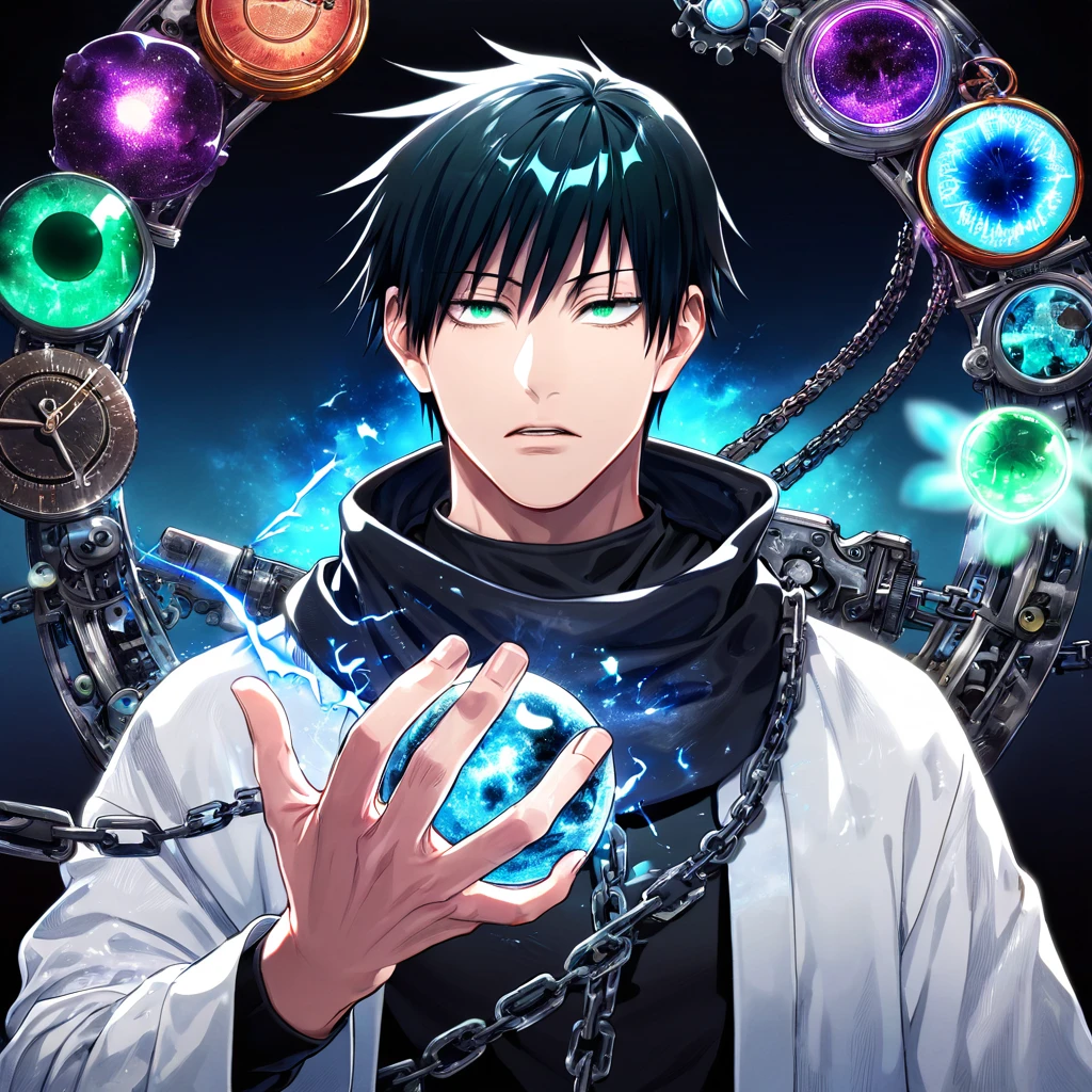 absurdres, highres, ultra detailed, HDR, master piece, best quality, Fushiguro Touji, straight black hair, expressive green eyes, jujutsu kaisen, solo, sexy man, handsome, white haori, black tight T-shirt, black scarf, clock mechanical blue moon, fantasy, chains, blue fireflies, blue lightning, void, magic