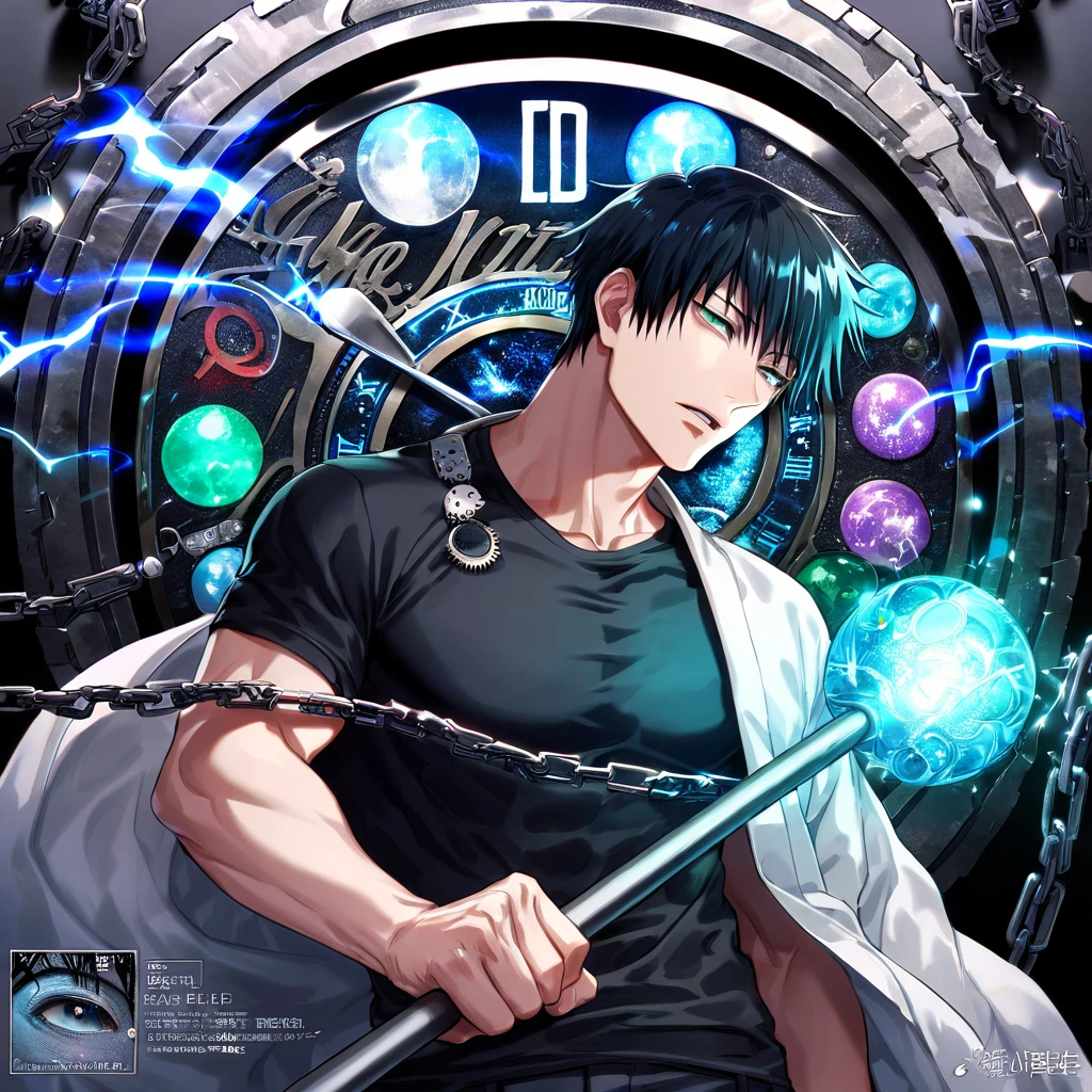 absurdres, highres, ultra detailed, HDR, master piece, best quality, Fushiguro Touji, straight black hair, expressive green eyes, jujutsu kaisen, solo, ???? man, handsome, white haori, black tight T-shirt, black scarf, clock mechanical blue moon, fantasy, chains, blue fireflies, blue lightning, void, magic