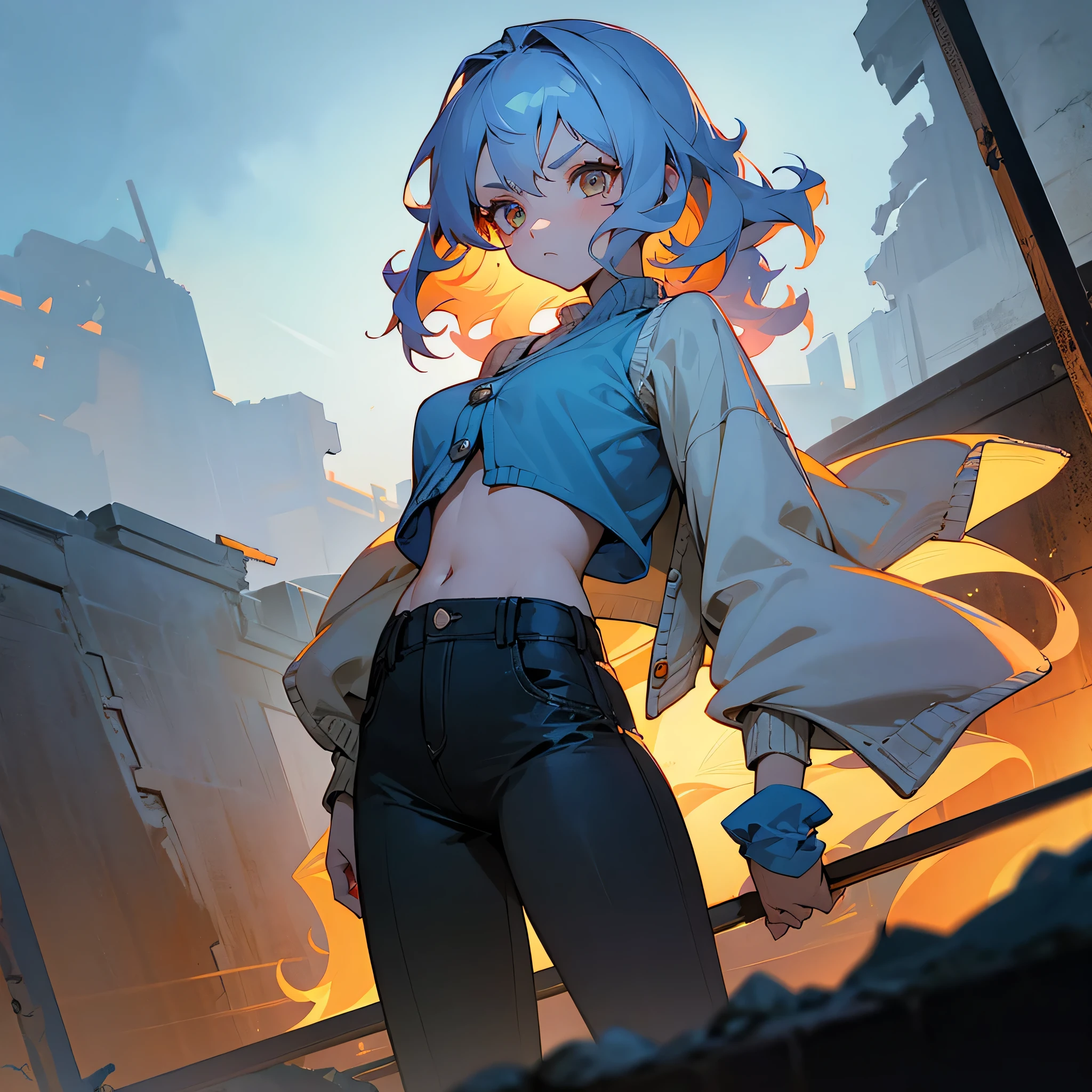 1female, adult, finely detailed cinnamon eyes, wavy medium hair, pale azure hair, crop top, cardigan, casual clothing, standing on ruined building, night time, serious expression