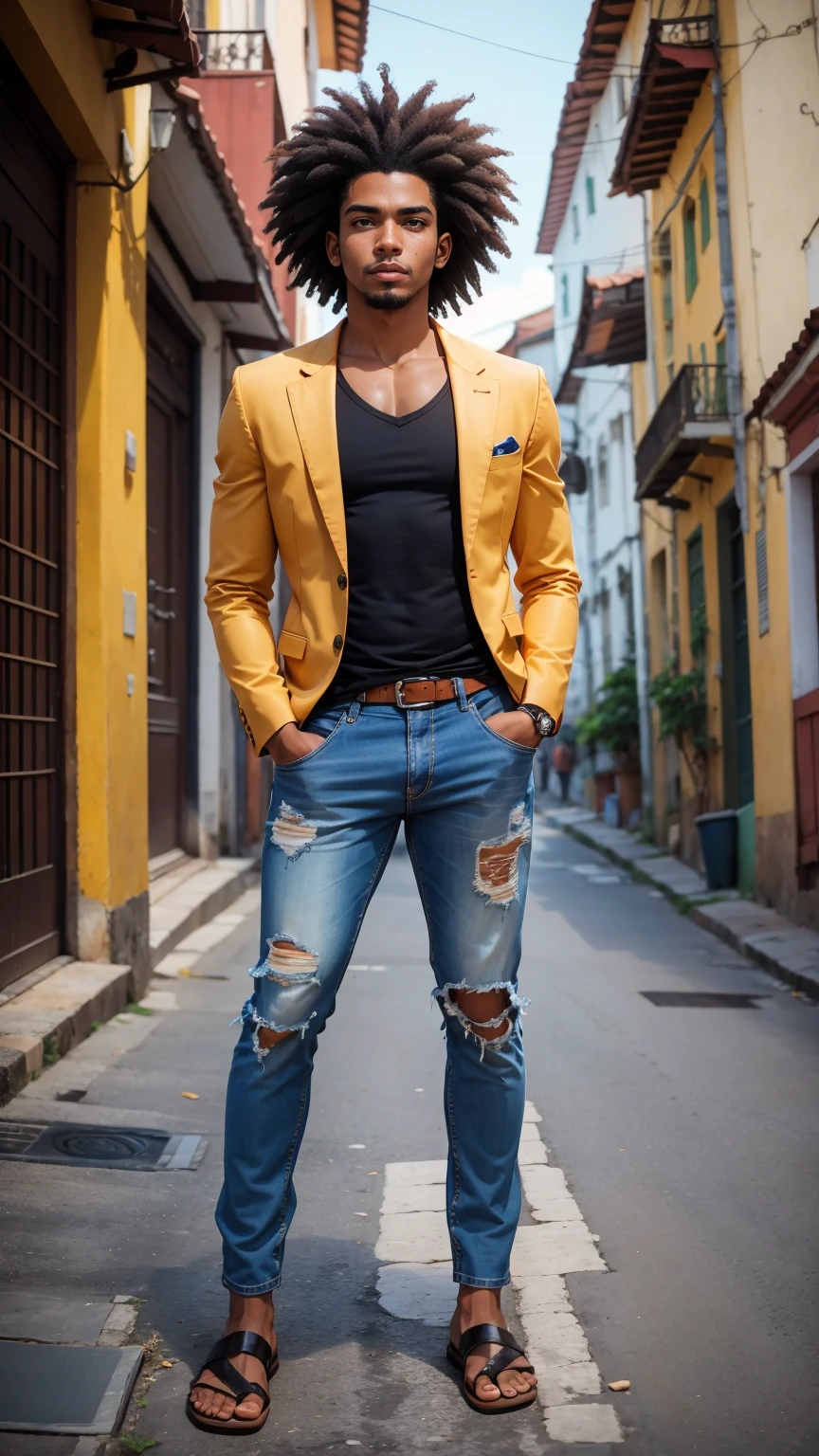 (((full body))), jovem afro-brasileiro de 25 anos, (((homem))), advogado, ((cabelos cacheados)), pele negra, ((cabelos curtos)), com cabelos extremamente perfeitos, perfect hands, looking at camera, pose com maos nobolso, camisa branca e blazer cinza, jeans, sapato social, (((ao fundo cidade do Rio de janeiro)))
