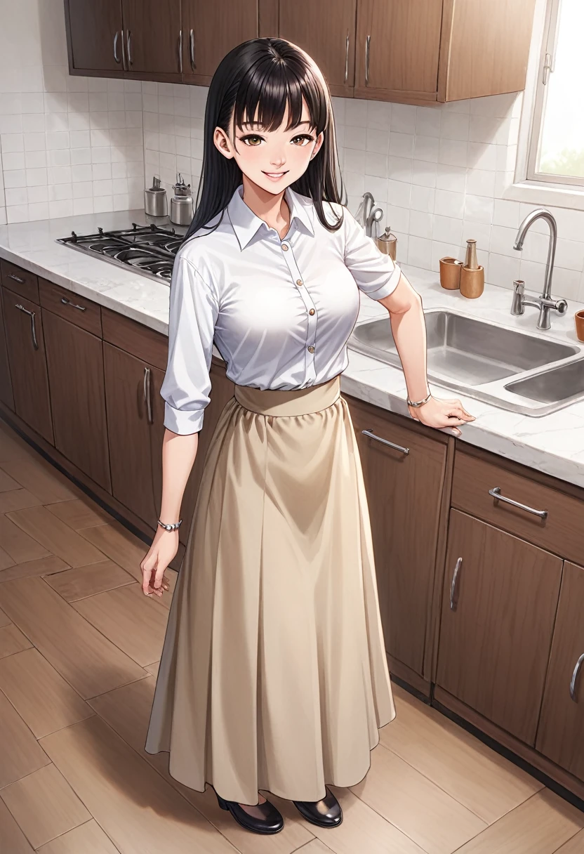 Anime, 2d anime, cartoon anime, detailed illustration, dynamic angle, ultra-detailed, illustration, full body shot, 1girl,  1950’s stay at home wife, button up blouse and long skirt, anime half closed eyes. A knowing smile, standing in kitchen, domestic goddess,